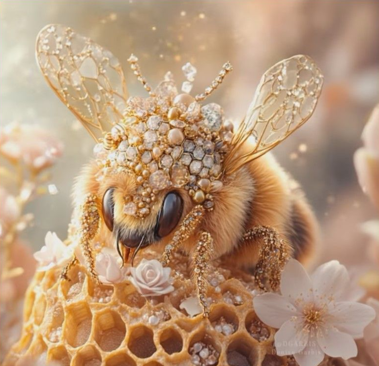 Golden bee queen with jeweled crown and wings, perched on honeycomb with white flowers.