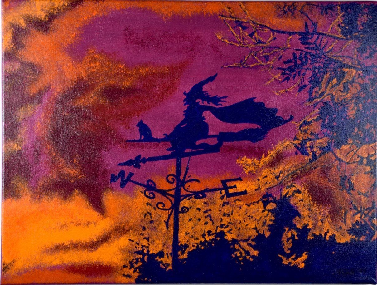 Kitty S Dale. Weather Vane Witch. Acrylic painting of a whitch weather vane