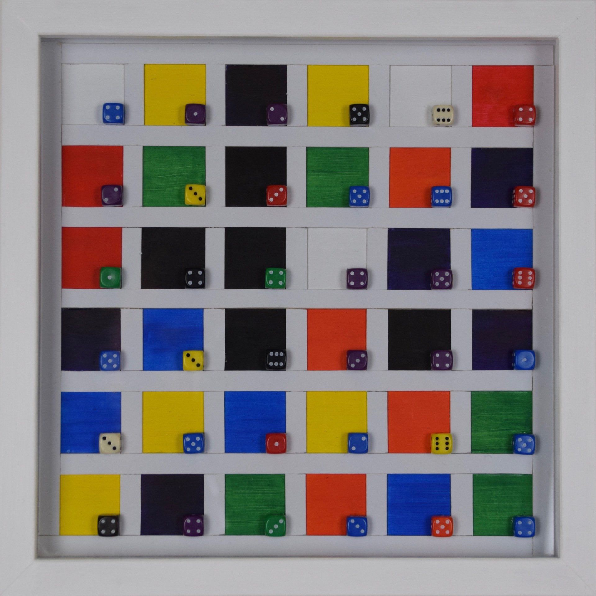Kitty S Dale.Elimination of Subjectivity 2: Rolls of Chance (2019). Different coloured sqaures with different coloured dice