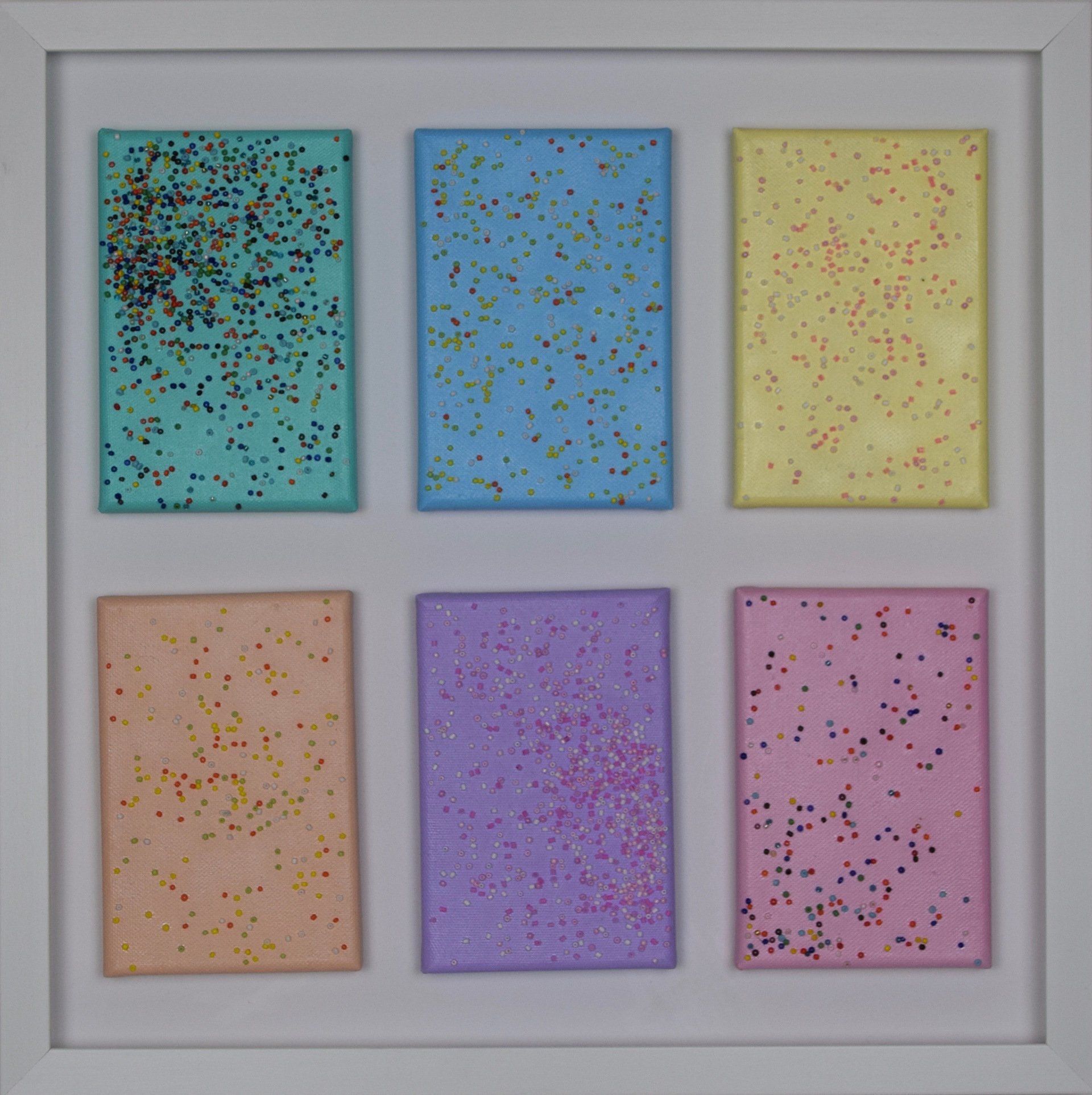 Kitty S Dale.Elimination of Subjectivity 1: Burst Balloons and Seed Beads (2019) 6 small canvas with random beads in pastel colours