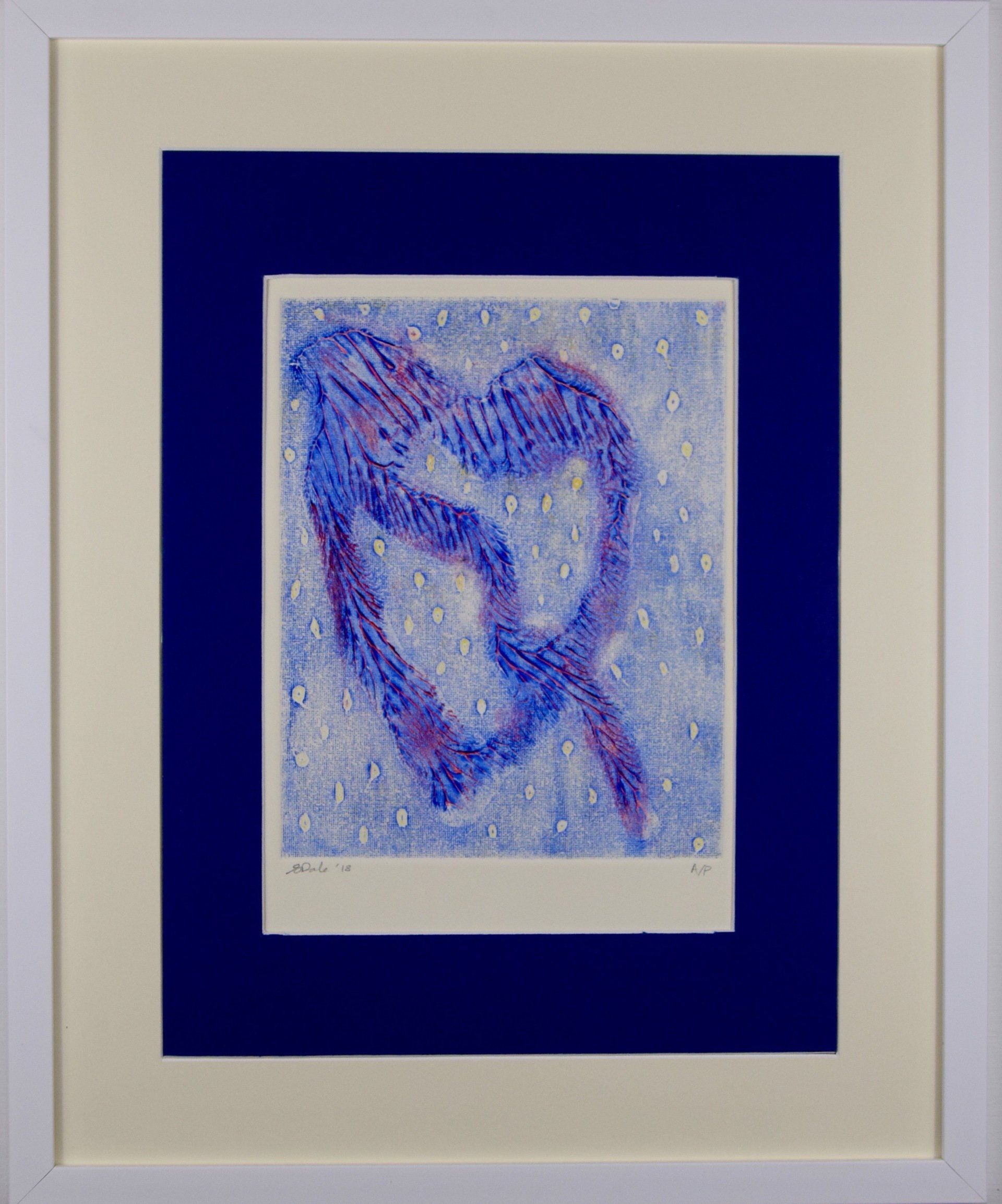 Kitty S Dale. Blue Heart. Original Collagraph print of heart