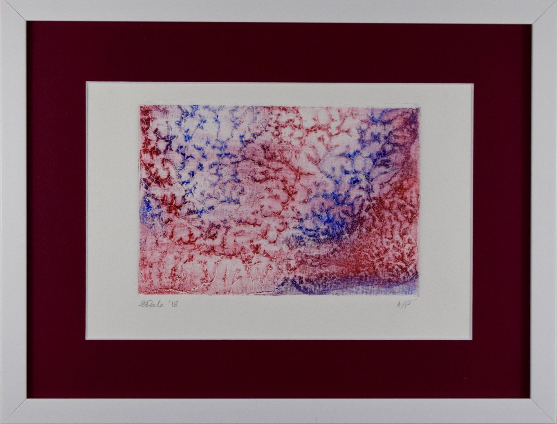 Kitty S Dale. Red and Blue. Original Collagraph print, Abstract