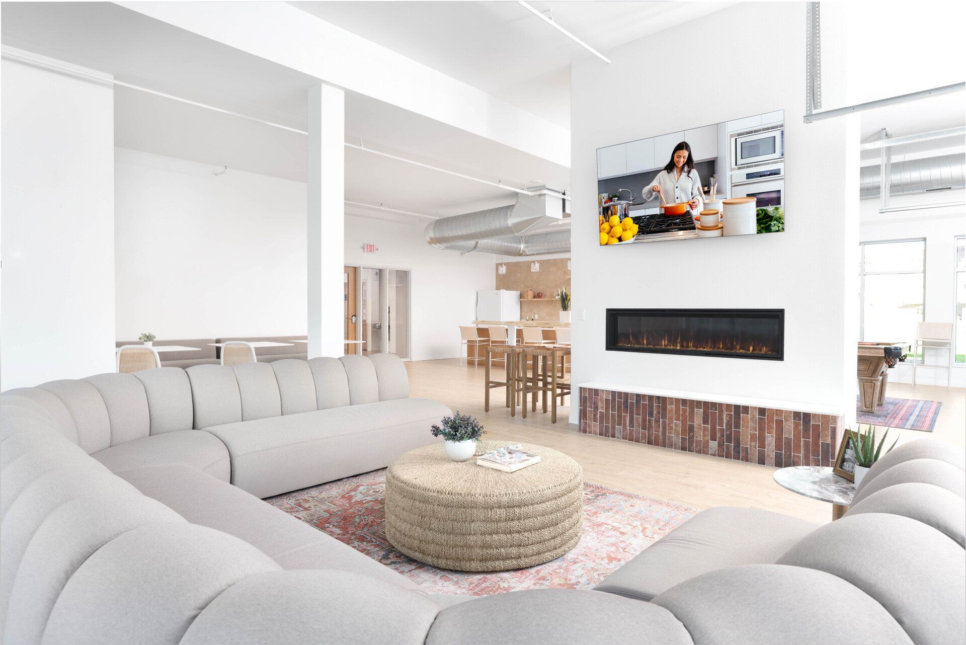 Community room, large couch facing TV