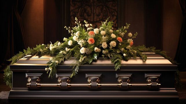Wooden casket with floral arrangement, in a church with flags and more flowers.