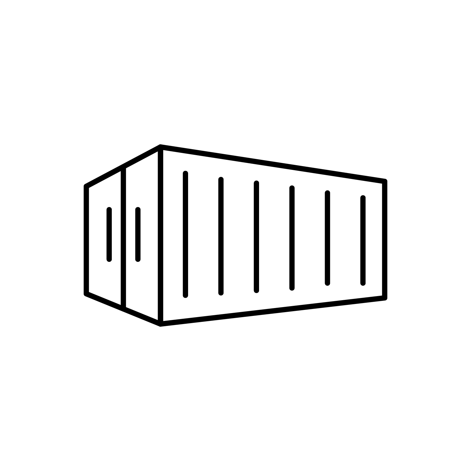 A line drawing of a shipping container on a white background.