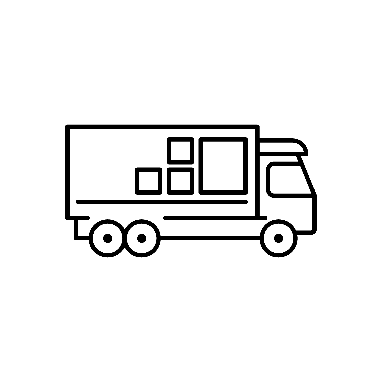 A black and white line drawing of a delivery truck.