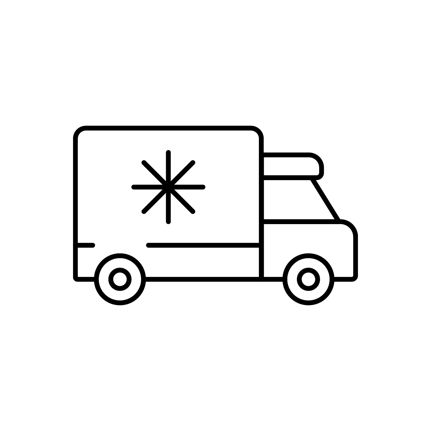 A black and white icon of a delivery truck with a star on the back.