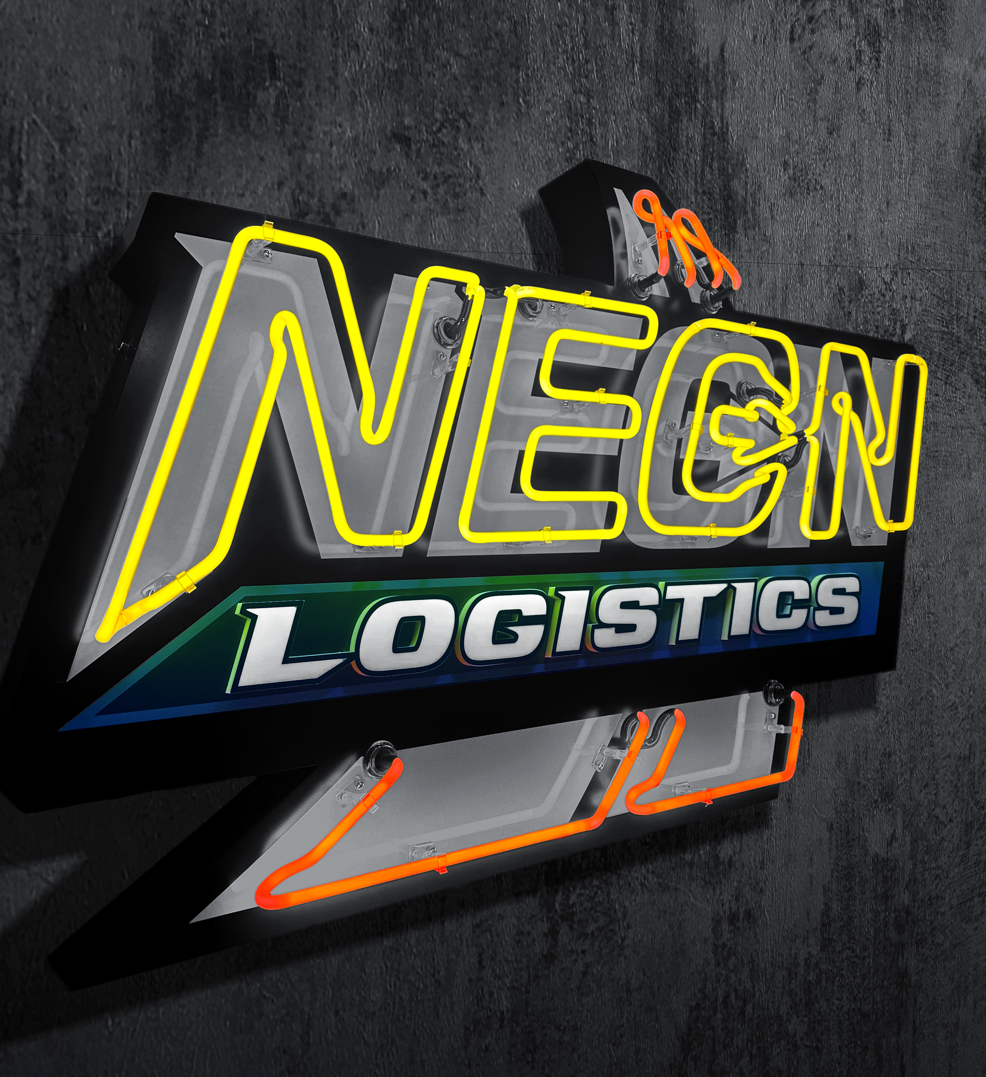 A neon sign that says necn logistics on it