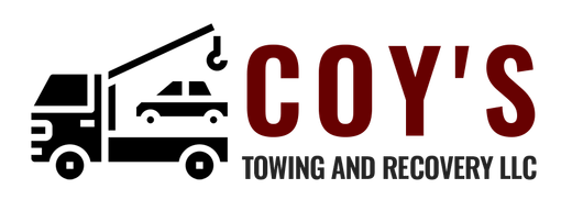 The logo for coy 's towing and recovery llc shows a truck with a crane attached to it.