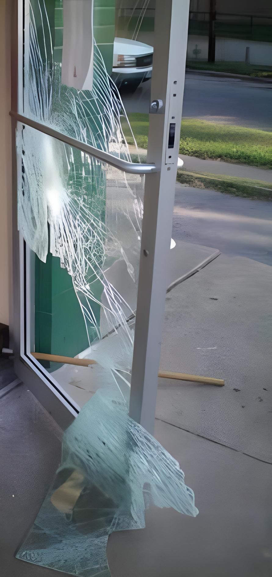 A glass door is shattered, with shards of glass on the ground and remnants in the frame — Cessnock Glass in Cessnock, NSW