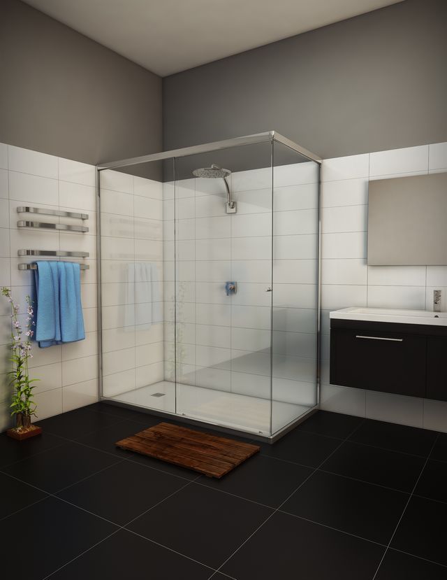 Modern bathroom with glass shower, black floor, white tiled wall, and vanity — Cessnock Glass in Port Stephens, NSW