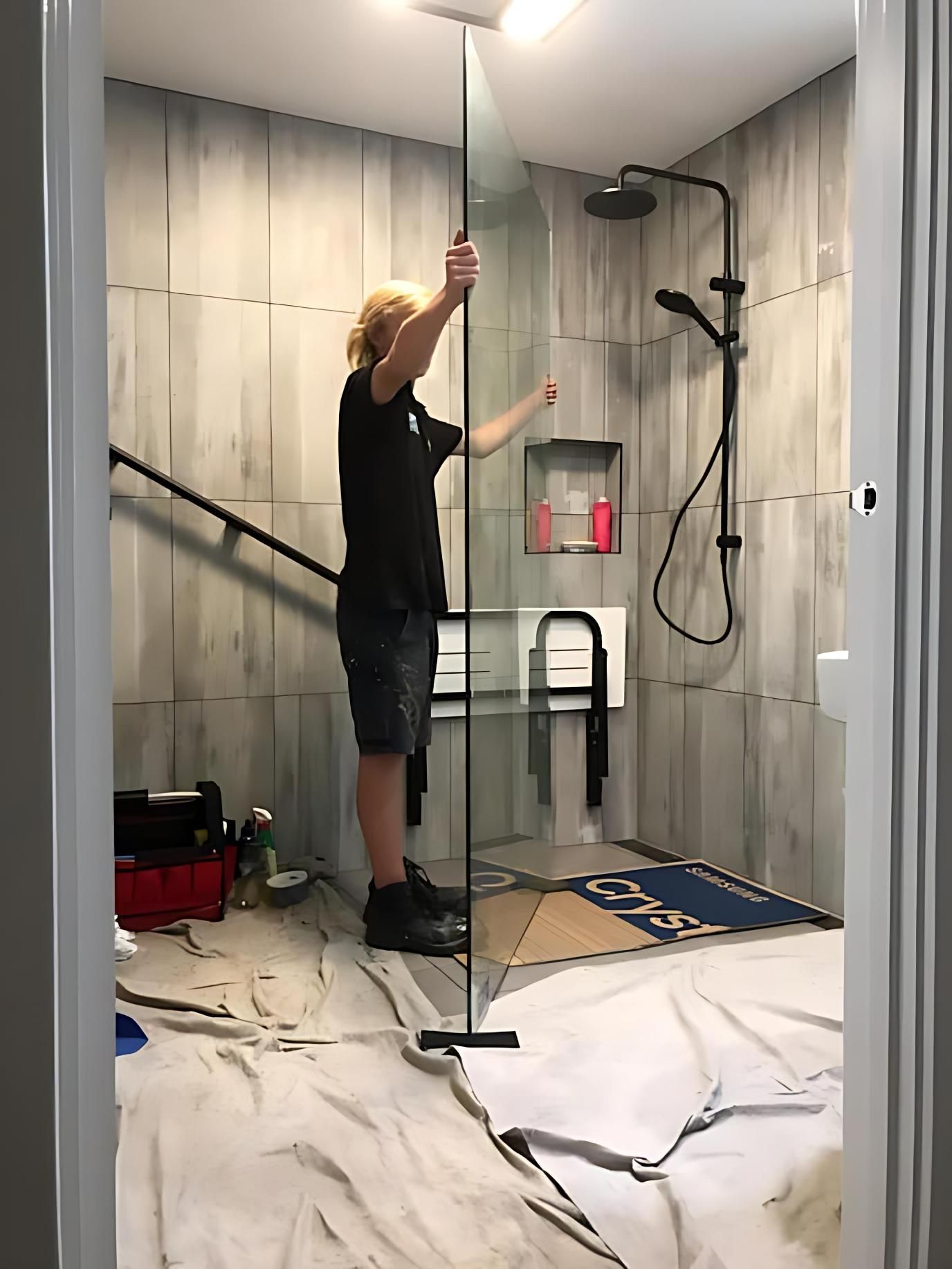 A Man is Installing a Shower Door in a Bathroom — Cessnock Glass in Port Stephens, NSW