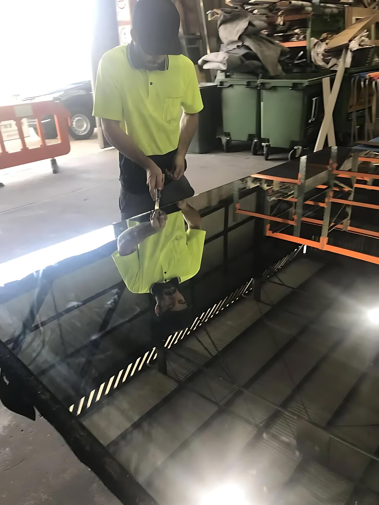A Man in a Yellow Shirt is Cutting a Piece of Glass — Cessnock Glass in Maitland, NSW