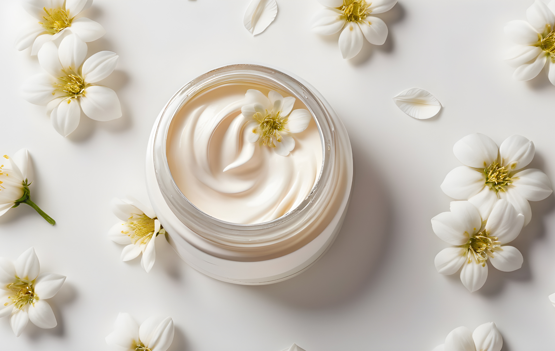 Jar of cream surrounded by white flowers on a white surface.