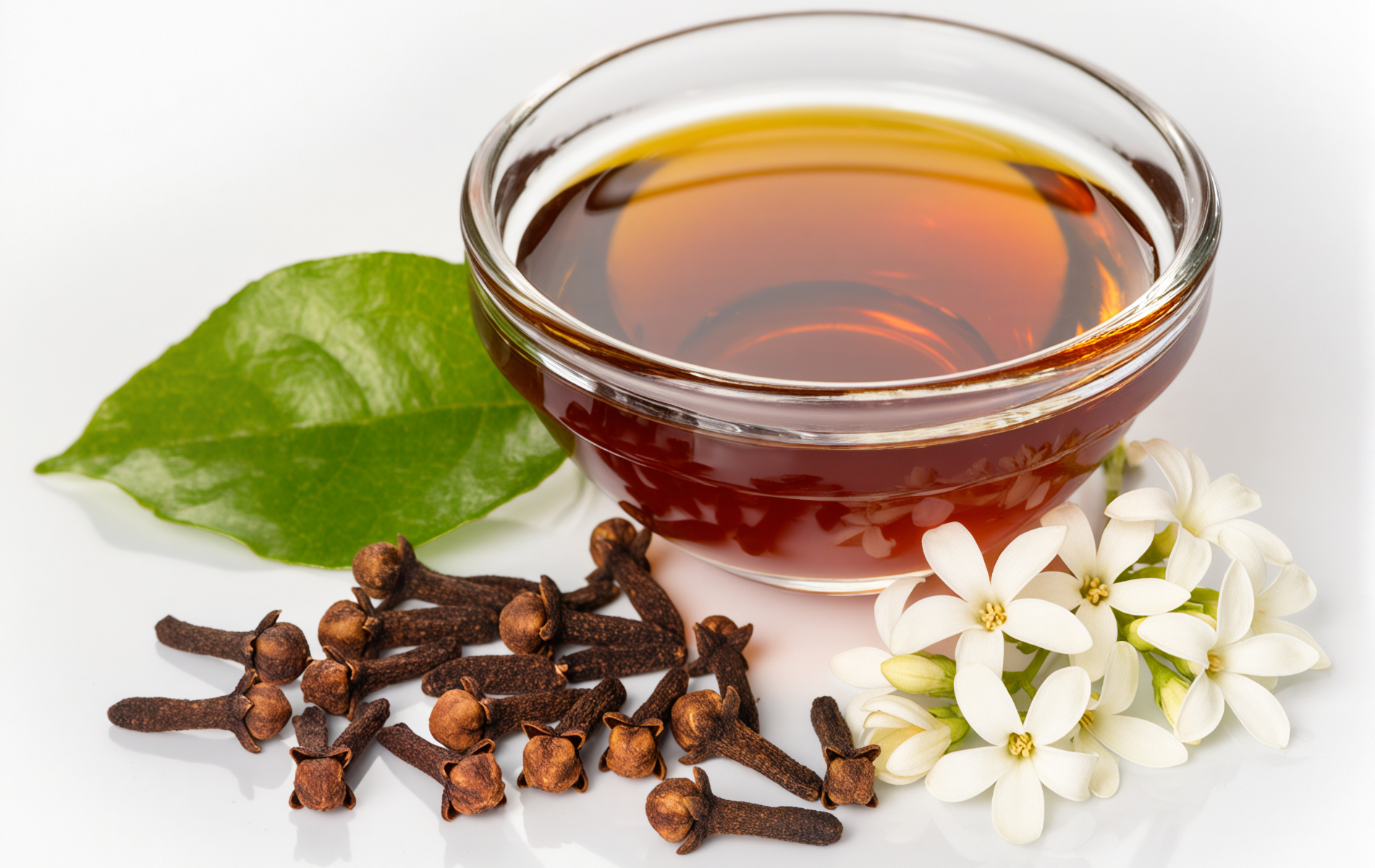 Cloves, oil in a glass bowl, white flowers, and a green leaf on a white surface.