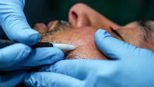 Medical professional using tool on a person's face; gloved hands, close-up.