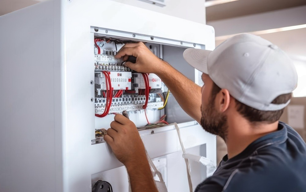 a man in a white hat is working on an electrical box