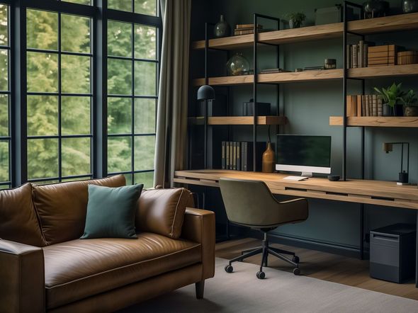 A home office with a desk , chair , computer and large windows.