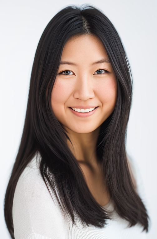 A woman is sitting at a desk with a laptop and a vase of flowers.