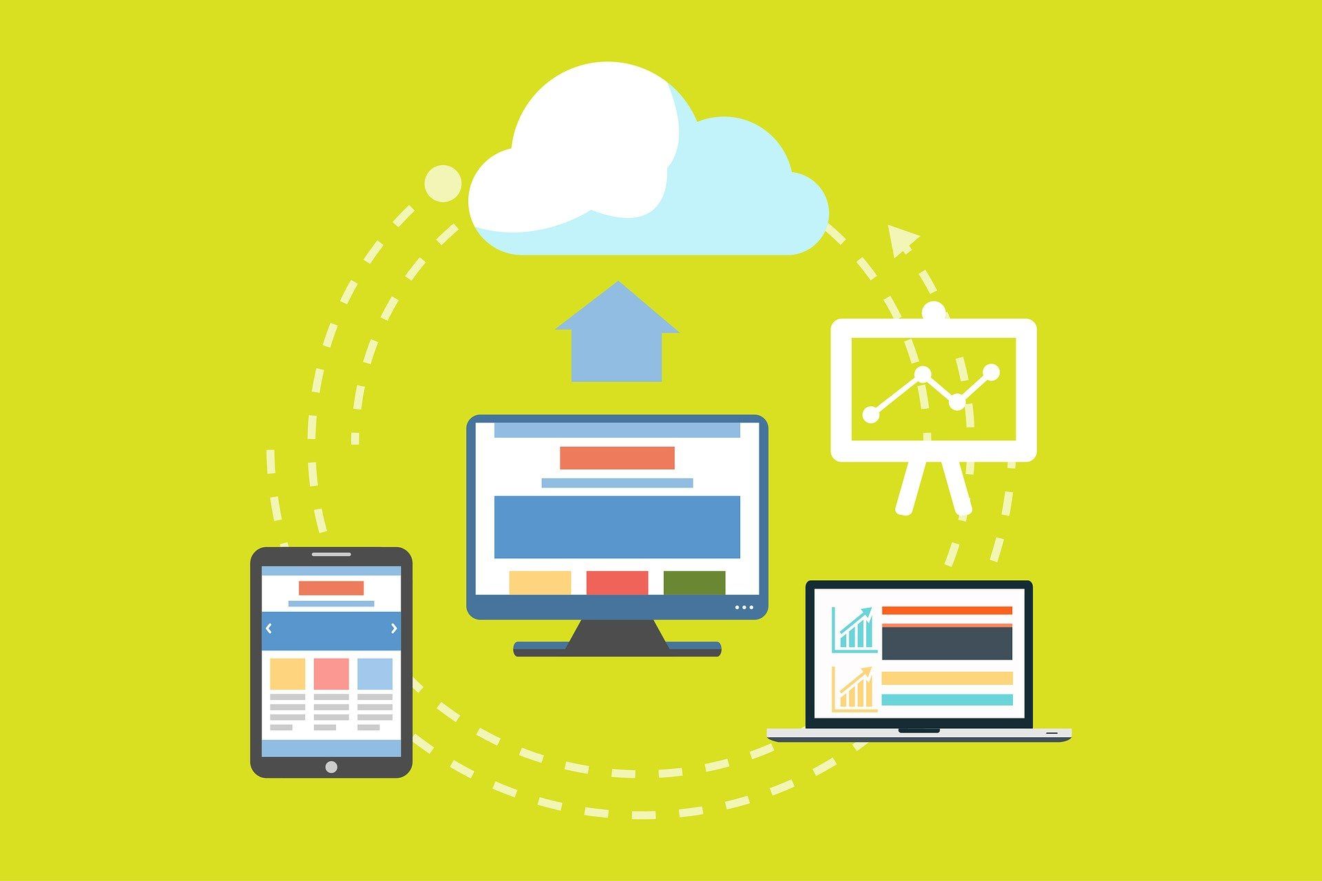 Illustration of a computer and various other devices connected to a virtual cloud