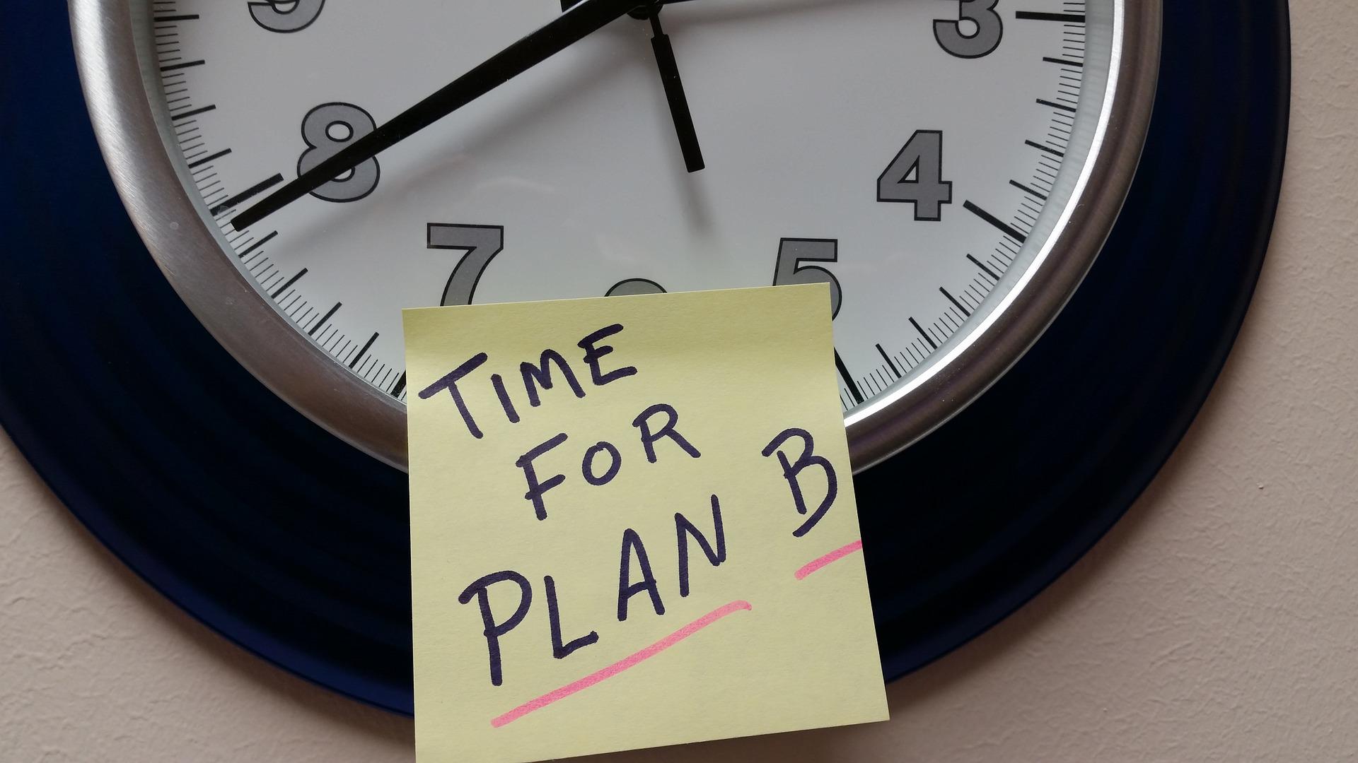 clock face with a sticky note saying time for plan B