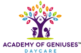 The logo for academy of geniuses daycare shows a tree with letters on it.