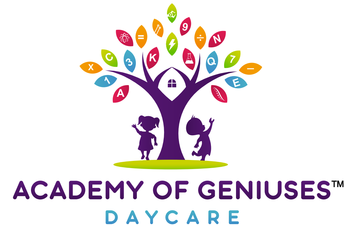 The logo for academy of geniuses daycare shows a tree with letters on it.