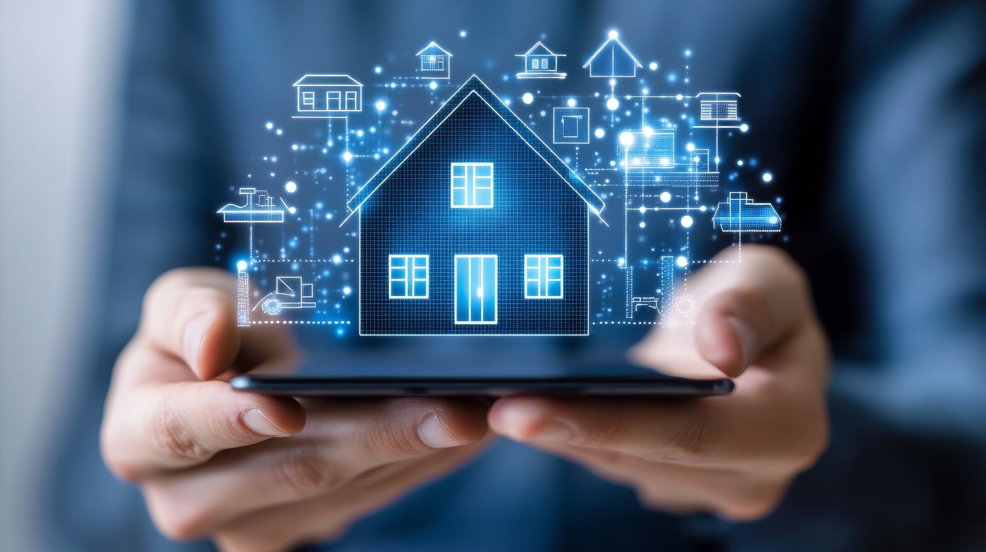 Hands holding a phone with a digital blue house overlaid, connected to other digital images.