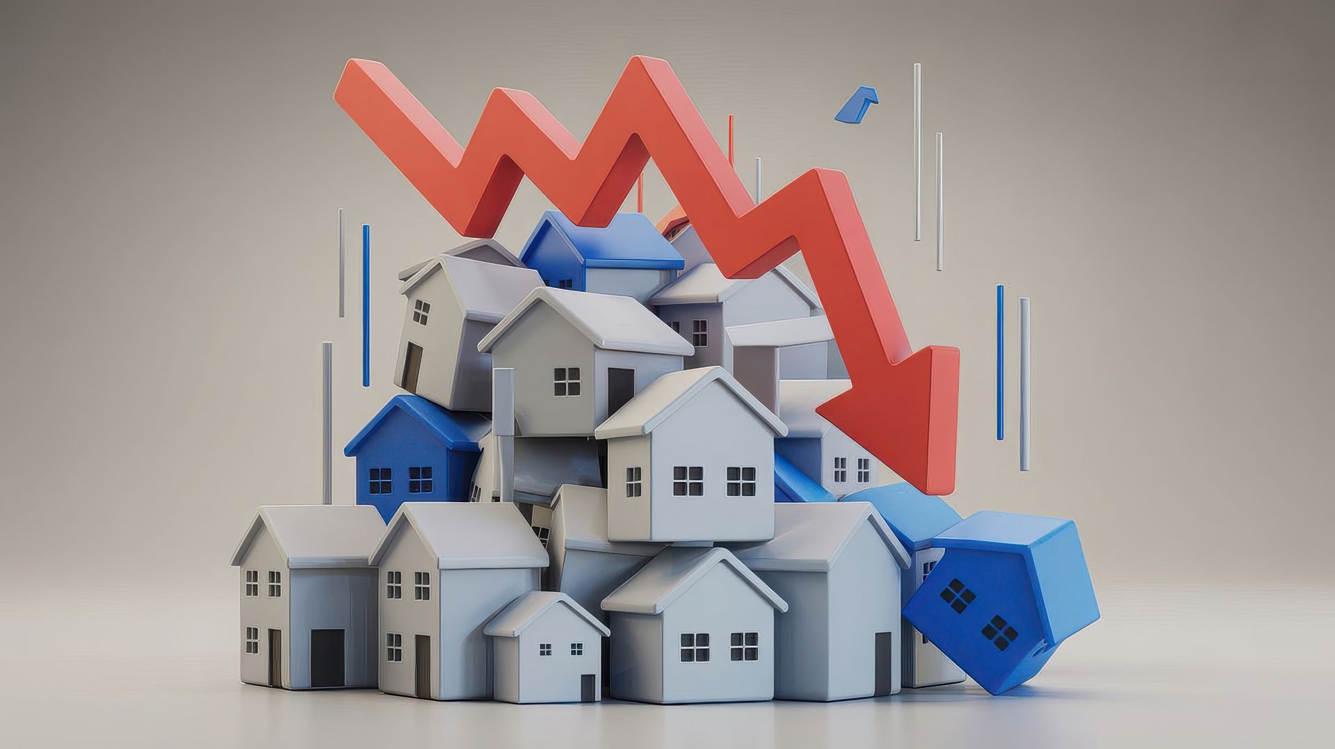 Pile of toy houses with a downward red arrow, symbolizing a housing market decline.