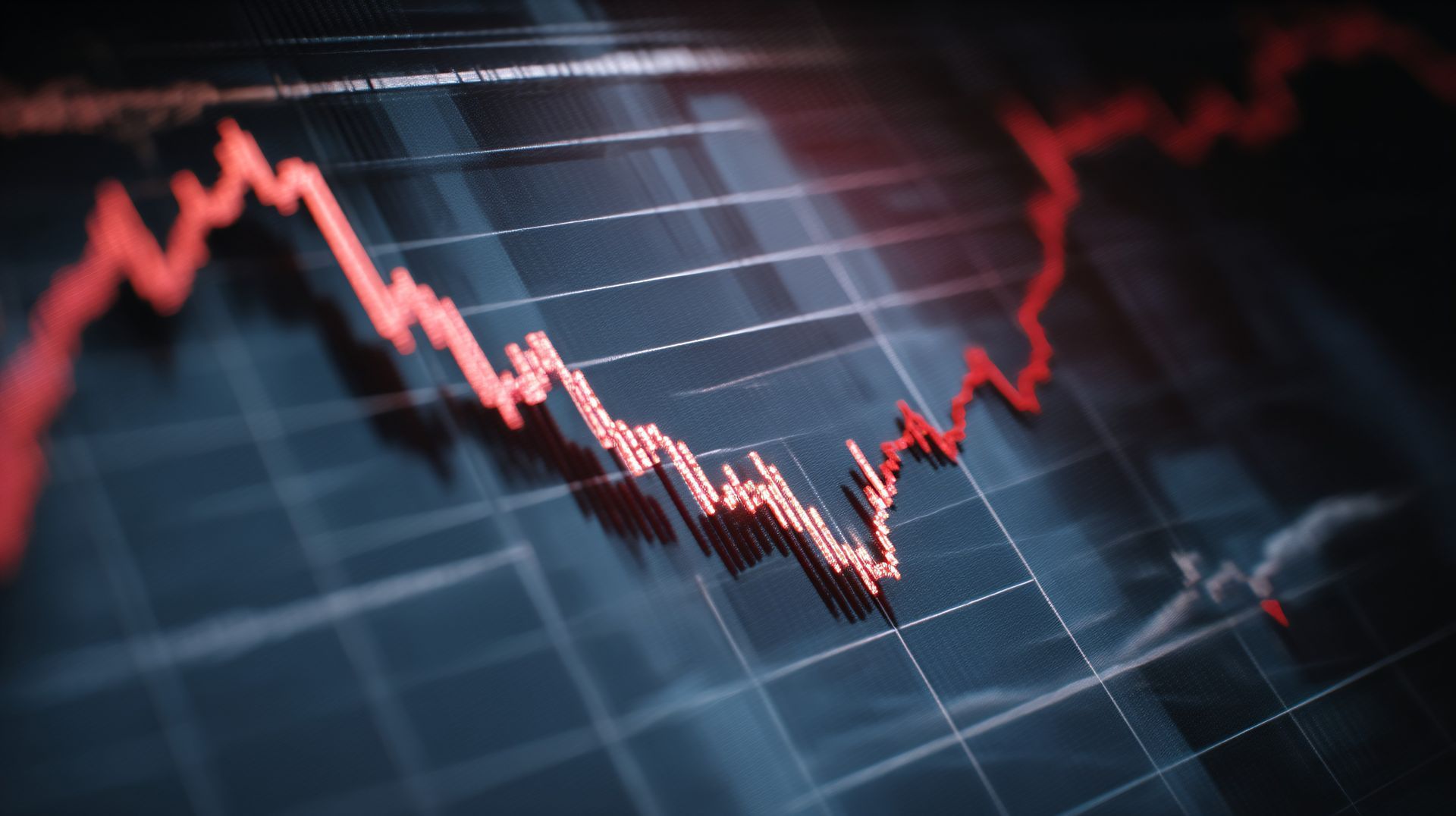 Red line graph trending downwards on a dark blue grid, suggesting a market decline.