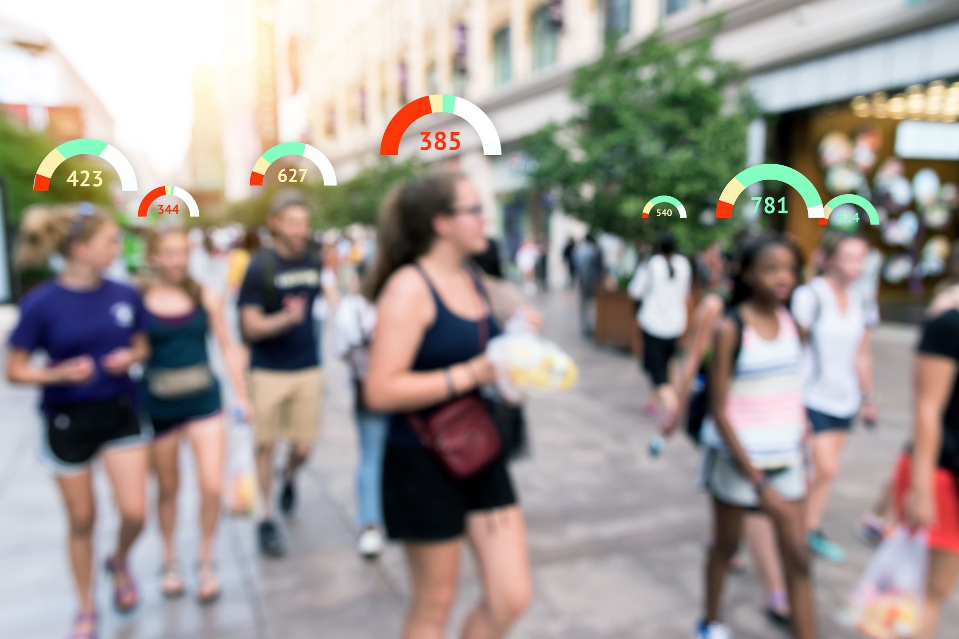 People walking on a city street, with circular data visualizations hovering above their heads, displaying scores in varying colors.