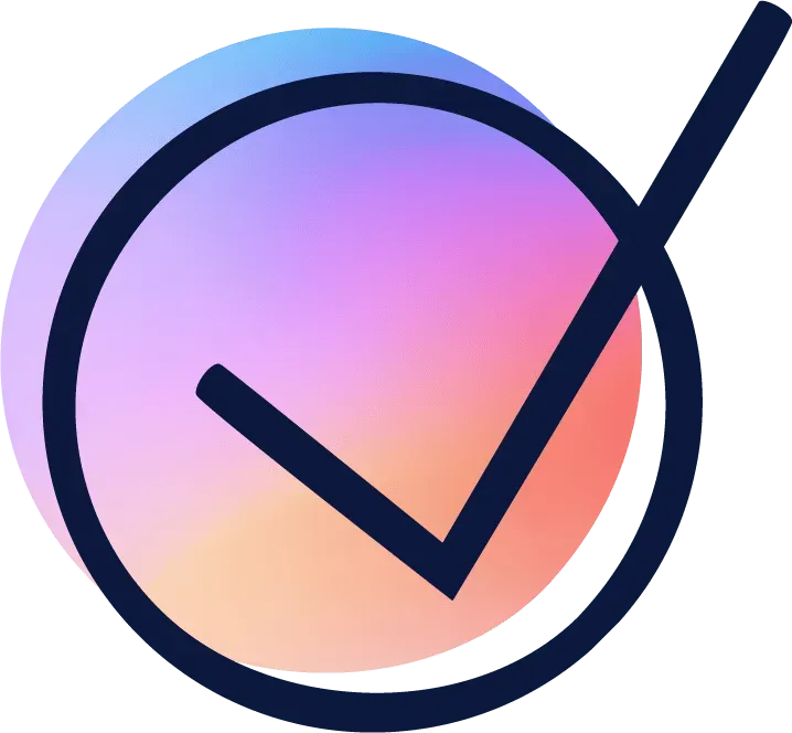A check mark in a circle on a colorful background
