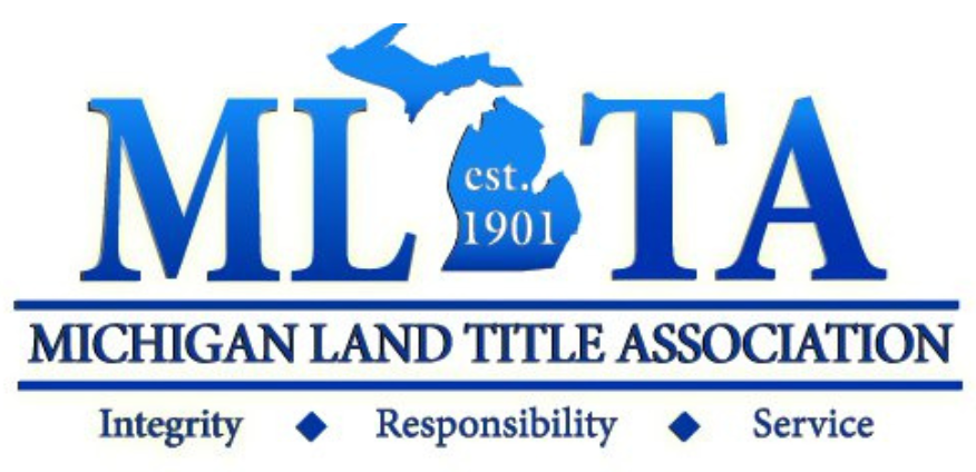 Logo for the Michigan Land Title Association, with a blue outline of Michigan and the text