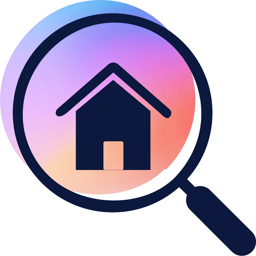A magnifying glass with a house icon inside of it.