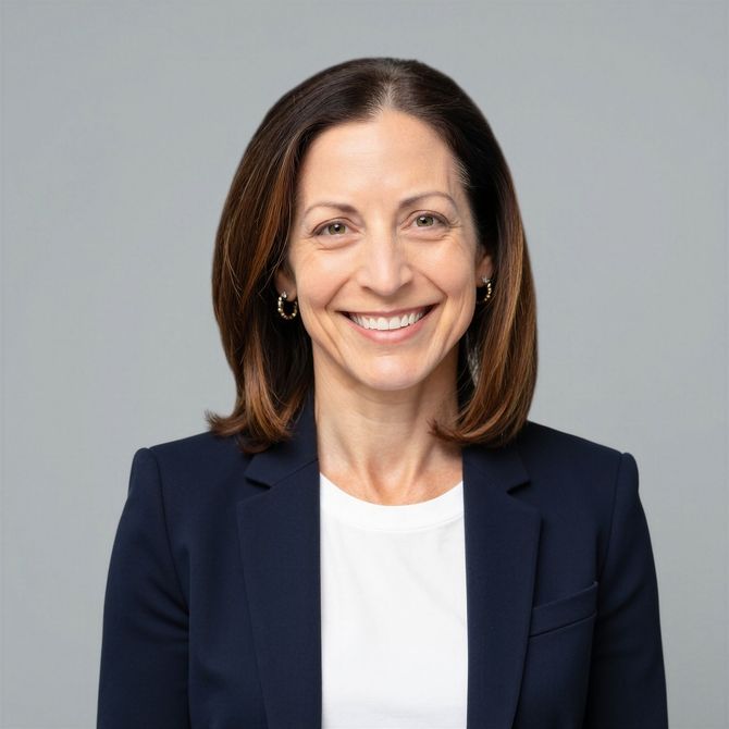 Woman holding a pink ribbon, eyes closed, smiling, against a gray background.