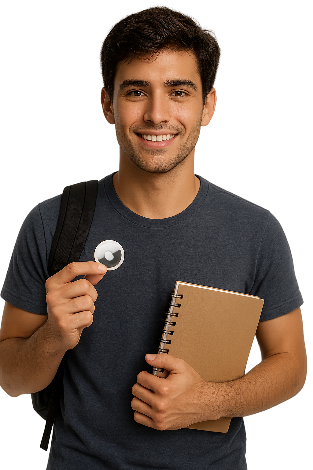 Jovem com mochila segurando um rastreador e um caderno, sorrindo para a câmera.