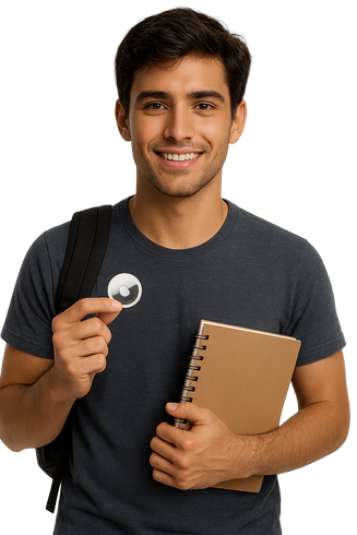 Jovem com mochila segurando um rastreador e um caderno, sorrindo para a câmera.