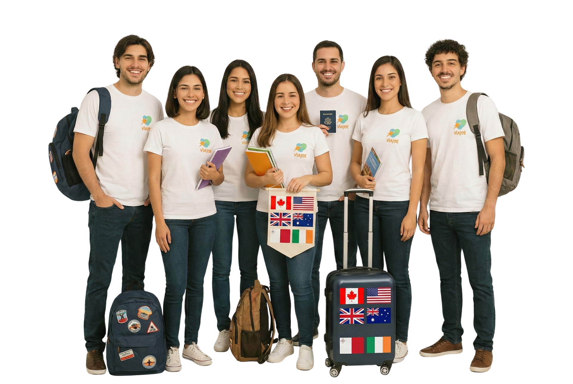 Grupo de sete pessoas vestindo camisetas brancas com um logotipo, sorrindo e posando para uma foto.