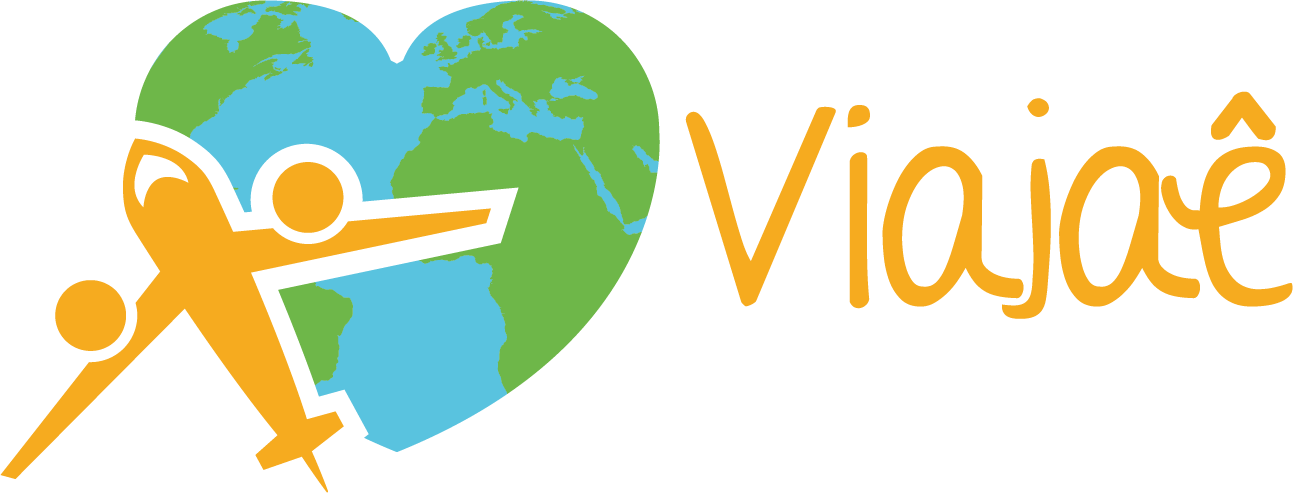 Logotipo com um mundo em formato de coração, um avião e o texto 