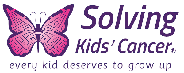 The logo for solving kids ' cancer shows a pink butterfly.