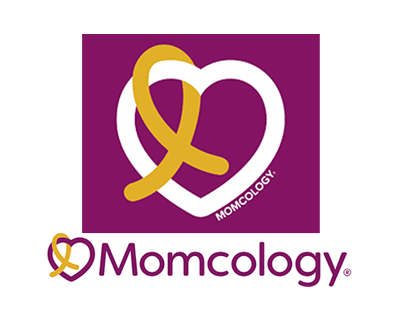 A logo for momcology with a heart and a ribbon