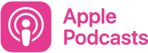 A pink apple podcasts logo on a white background