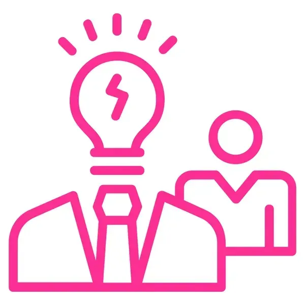 A pink icon of a person with a light bulb above their head.