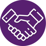 A handshake icon in a purple circle on a white background.