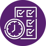 A purple circle with a clock and check marks on it.