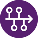 A white icon in a purple circle with an arrow pointing to the right.