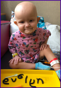 A baby is sitting next to a yellow box with the name evelyn written on it