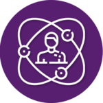 An icon of a person surrounded by atoms in a purple circle.