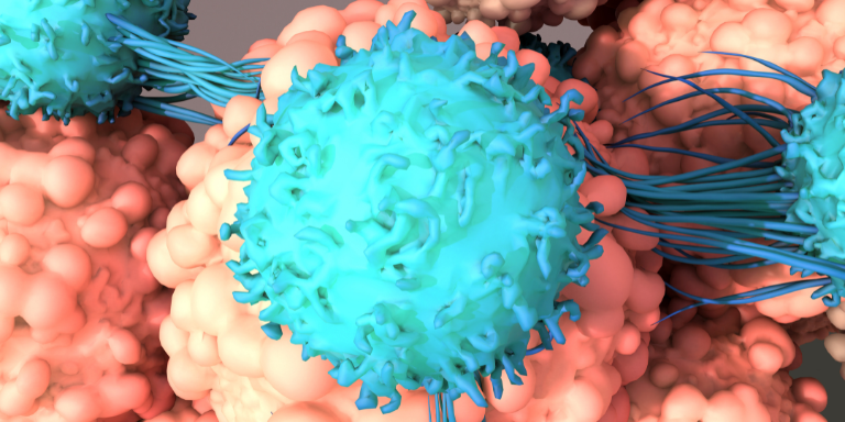 A computer generated image of a cell attacking another cell.