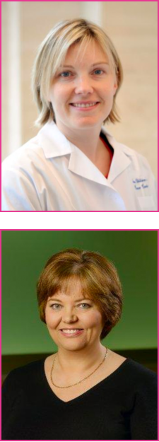 A woman in a white coat and a woman in a black shirt